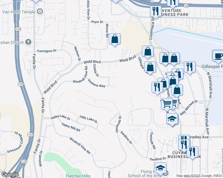 map of restaurants, bars, coffee shops, grocery stores, and more near 1952 Ventana Way in El Cajon