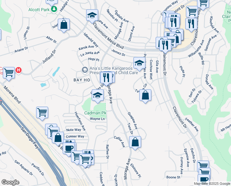 map of restaurants, bars, coffee shops, grocery stores, and more near 4386 Taos Drive in San Diego