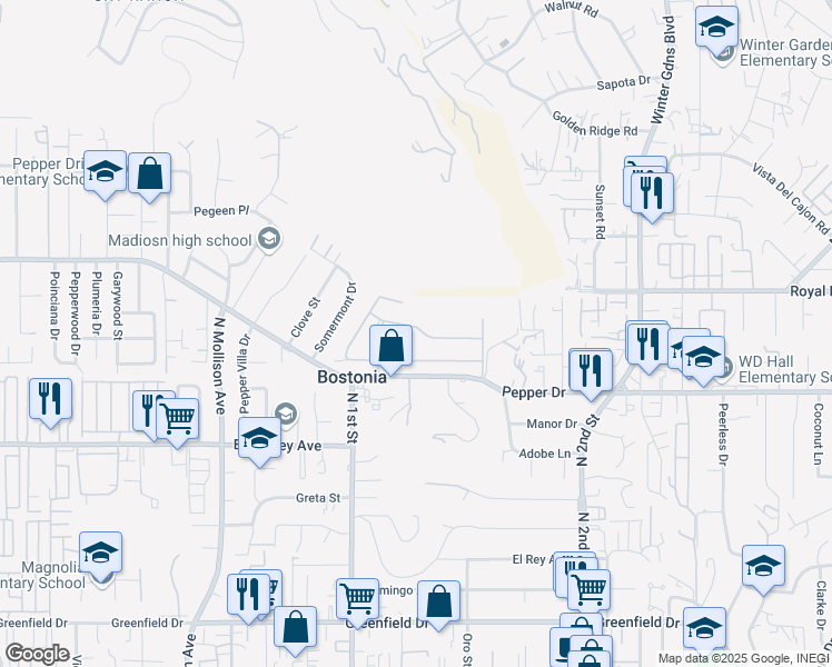 map of restaurants, bars, coffee shops, grocery stores, and more near 1120 Pepper Drive in El Cajon