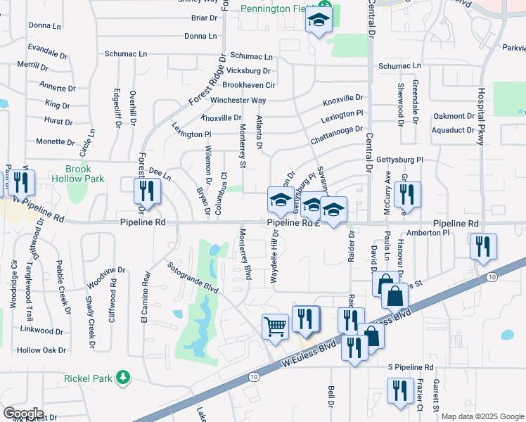 map of restaurants, bars, coffee shops, grocery stores, and more near 1619 West Pipeline Road in Bedford