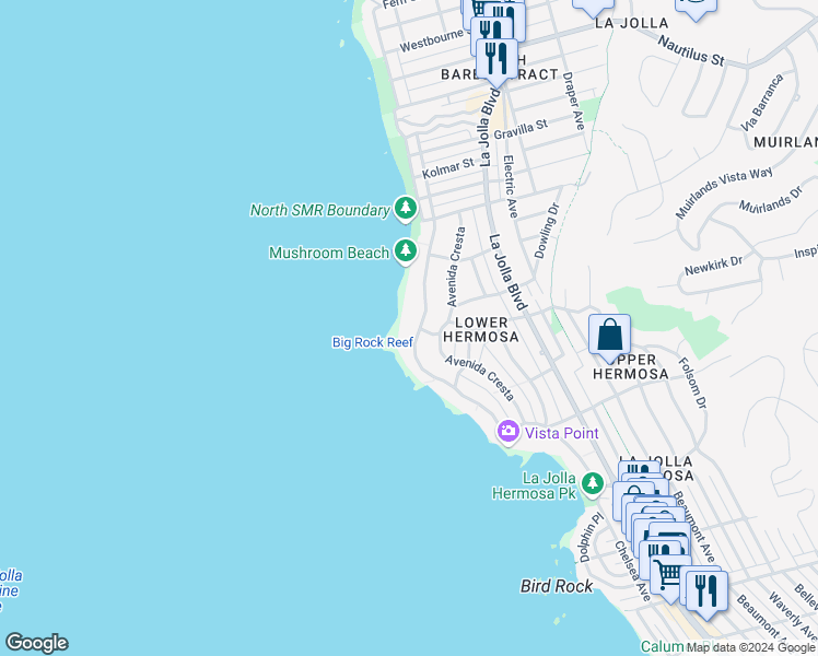 map of restaurants, bars, coffee shops, grocery stores, and more near 6266 Camino De La Costa in San Diego
