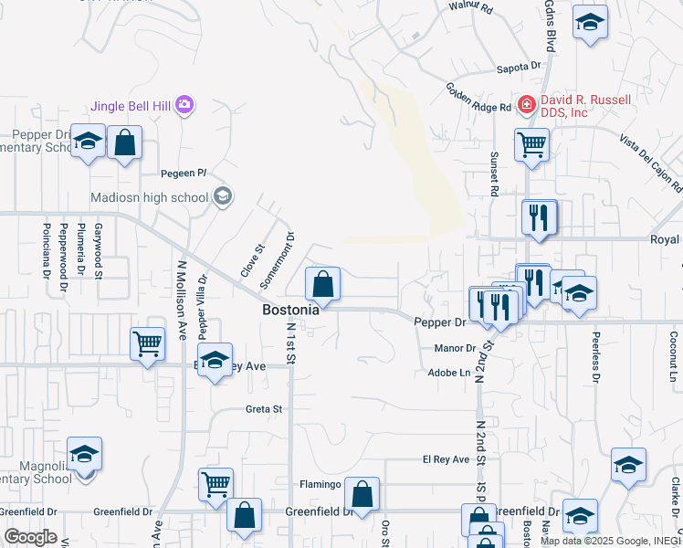 map of restaurants, bars, coffee shops, grocery stores, and more near 1120 Pepper Drive in El Cajon