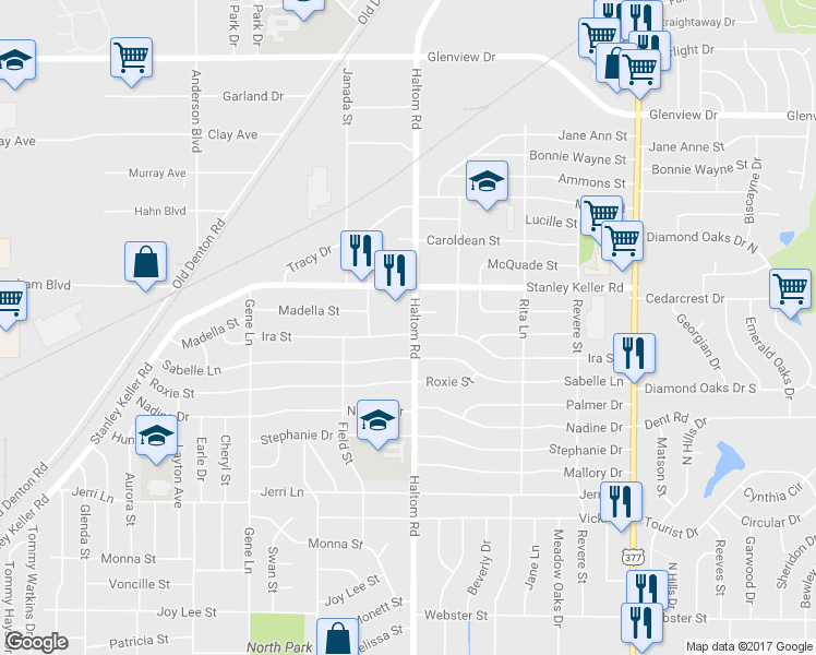 map of restaurants, bars, coffee shops, grocery stores, and more near 5041 Ira Street in Fort Worth