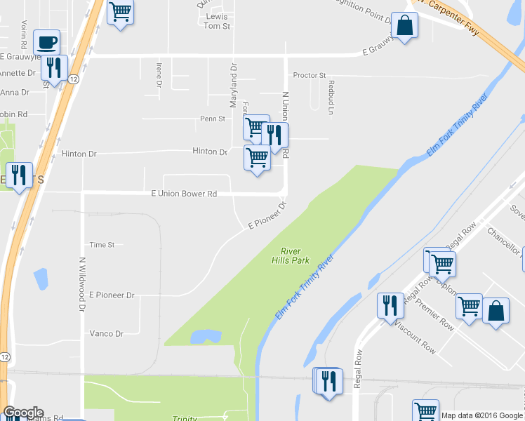 map of restaurants, bars, coffee shops, grocery stores, and more near 2611 East Pioneer Drive in Irving