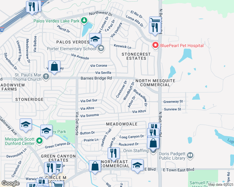 map of restaurants, bars, coffee shops, grocery stores, and more near 4221 Crestover Drive in Mesquite