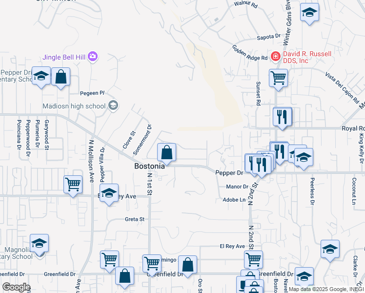 map of restaurants, bars, coffee shops, grocery stores, and more near 15 Grantwood Lane in El Cajon