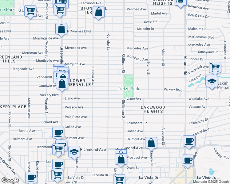 map of restaurants, bars, coffee shops, grocery stores, and more near 6041 Vickery Boulevard in Dallas