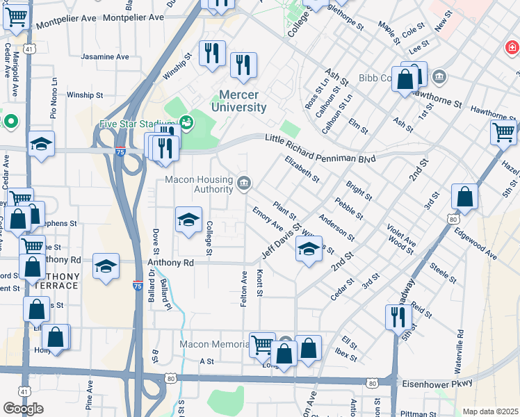 map of restaurants, bars, coffee shops, grocery stores, and more near 979 Emory Avenue in Macon