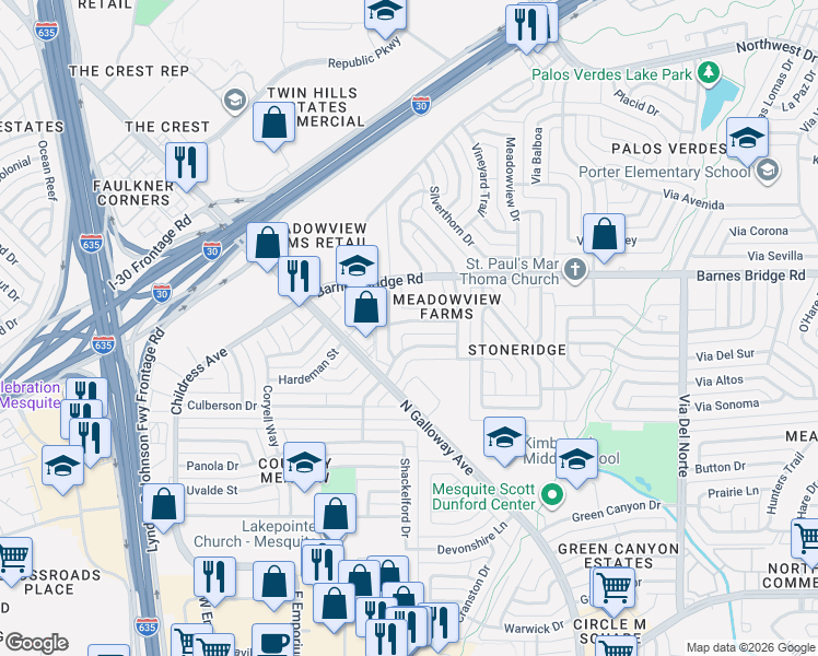 map of restaurants, bars, coffee shops, grocery stores, and more near 1234 Terrace Drive in Mesquite