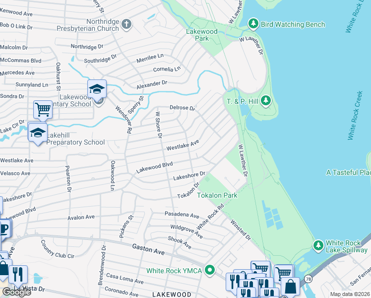 map of restaurants, bars, coffee shops, grocery stores, and more near 7040 Westlake Avenue in Dallas