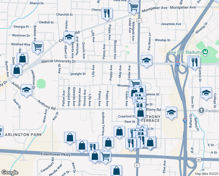 map of restaurants, bars, coffee shops, grocery stores, and more near 700 Poppy Avenue in Macon