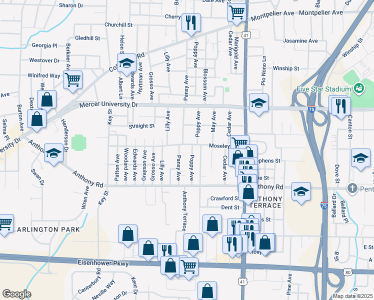 map of restaurants, bars, coffee shops, grocery stores, and more near 700 Poppy Avenue in Macon