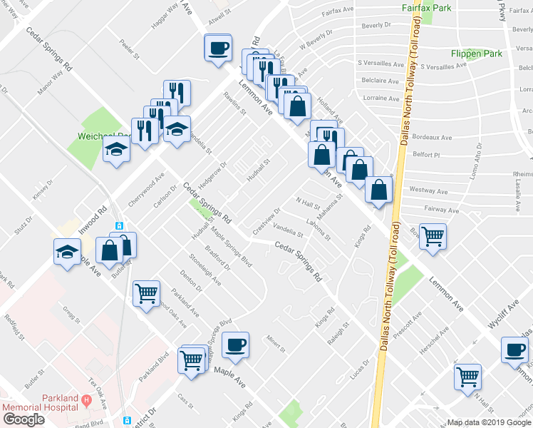 map of restaurants, bars, coffee shops, grocery stores, and more near 3120 Cedarplaza Lane in Dallas