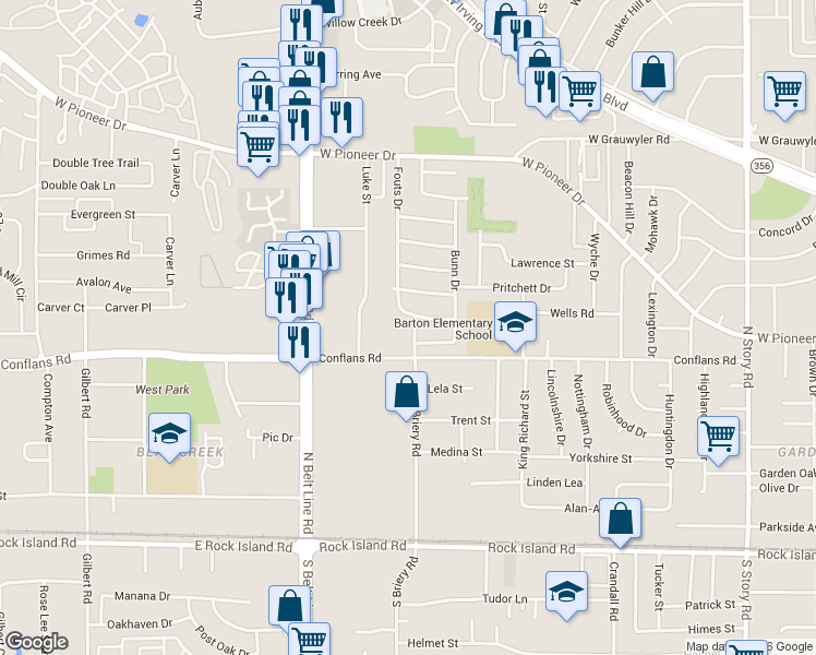 map of restaurants, bars, coffee shops, grocery stores, and more near 701 Fouts Drive in Irving