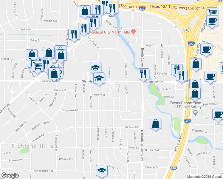 map of restaurants, bars, coffee shops, grocery stores, and more near 7520 Glenview Drive in Richland Hills