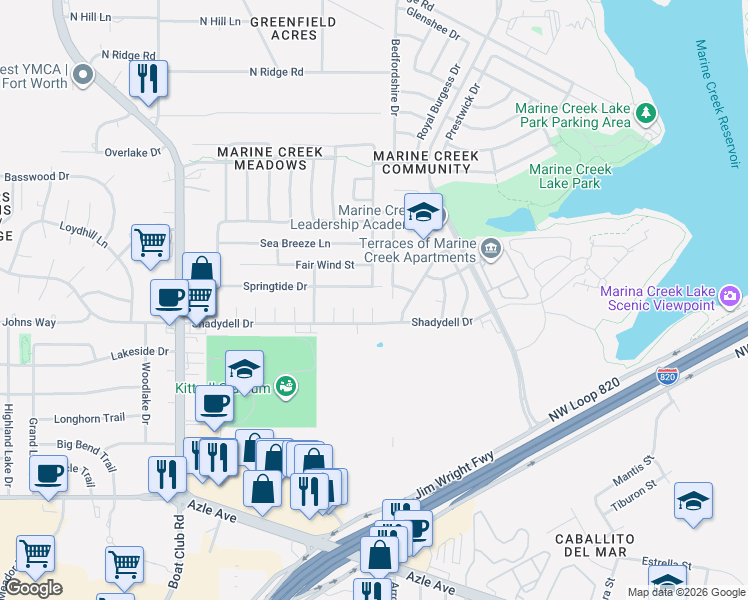 map of restaurants, bars, coffee shops, grocery stores, and more near 4528 Anchor Court in Fort Worth