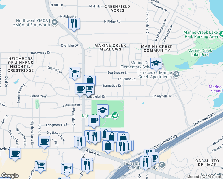 map of restaurants, bars, coffee shops, grocery stores, and more near 5833 Springtide Drive in Fort Worth