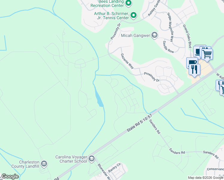 map of restaurants, bars, coffee shops, grocery stores, and more near 145 Claret Cup Way in Charleston