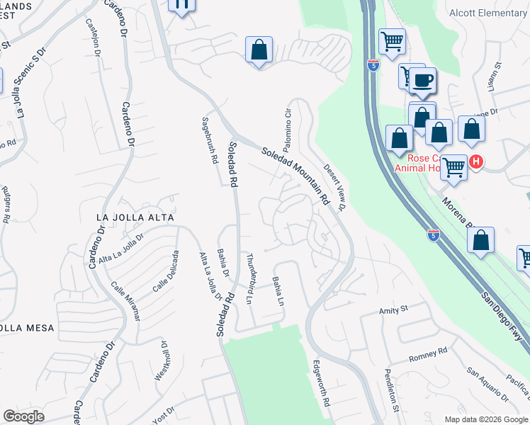 map of restaurants, bars, coffee shops, grocery stores, and more near 2065 Caminito San Nicholas in San Diego