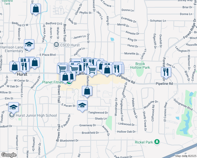 map of restaurants, bars, coffee shops, grocery stores, and more near 724 East Pipeline Road in Hurst