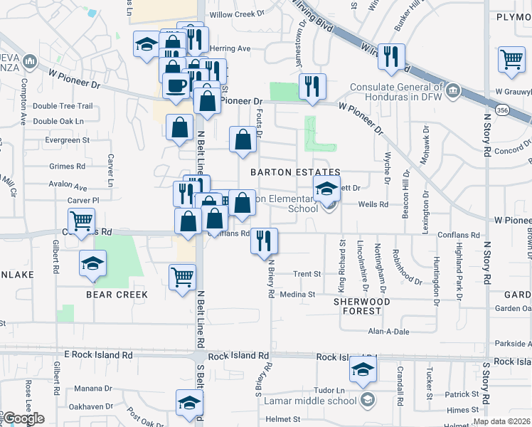 map of restaurants, bars, coffee shops, grocery stores, and more near 701 Fouts Drive in Irving