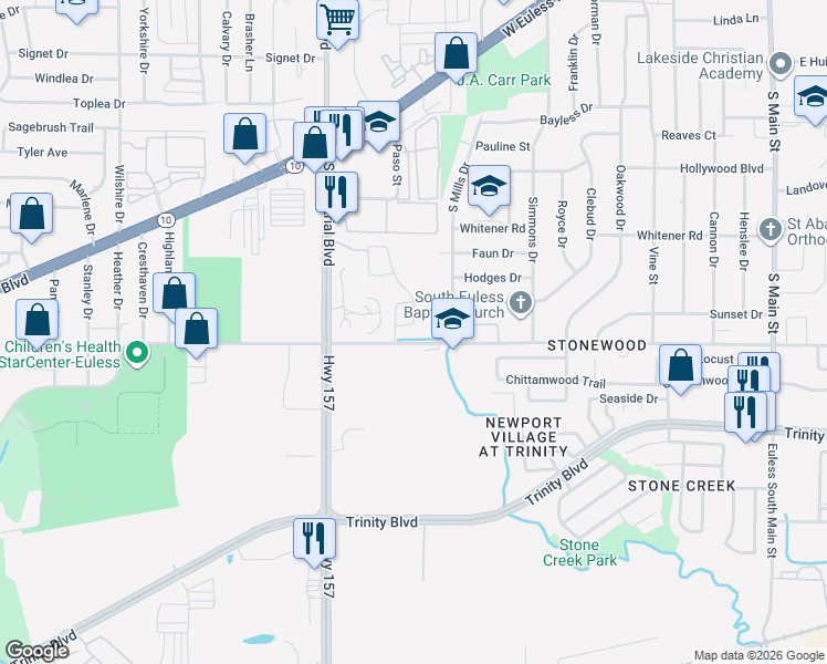map of restaurants, bars, coffee shops, grocery stores, and more near 1101 Deedee Creek Drive in Euless