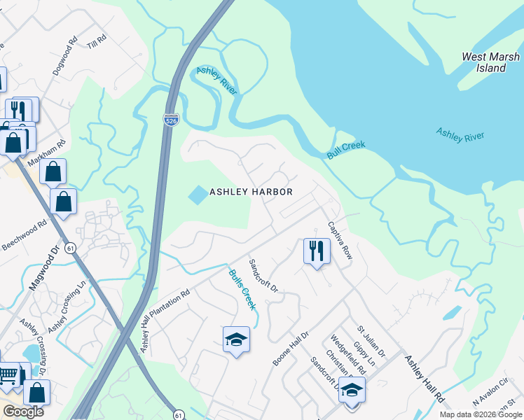 map of restaurants, bars, coffee shops, grocery stores, and more near 2202 Weepoolow Trail in Charleston
