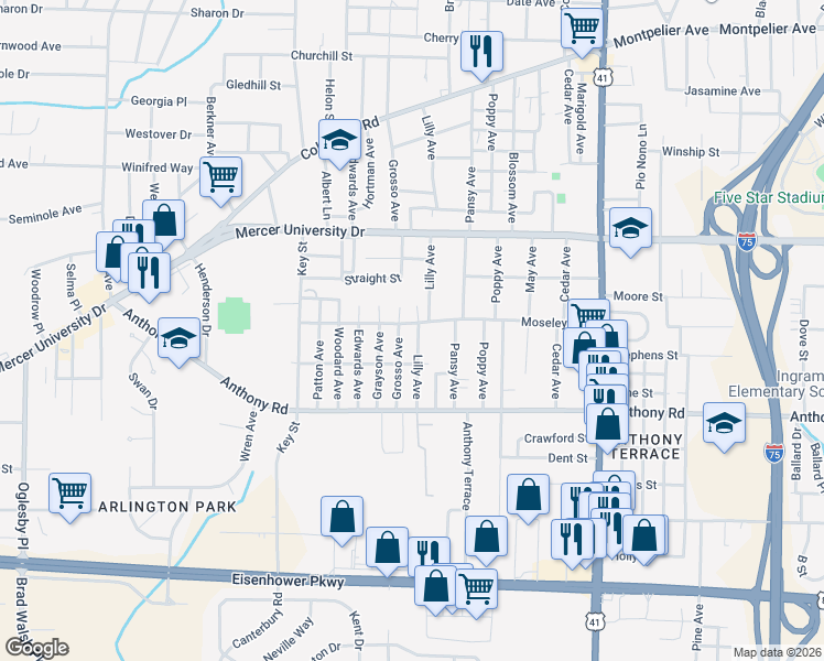 map of restaurants, bars, coffee shops, grocery stores, and more near 512 Moseley Avenue in Macon