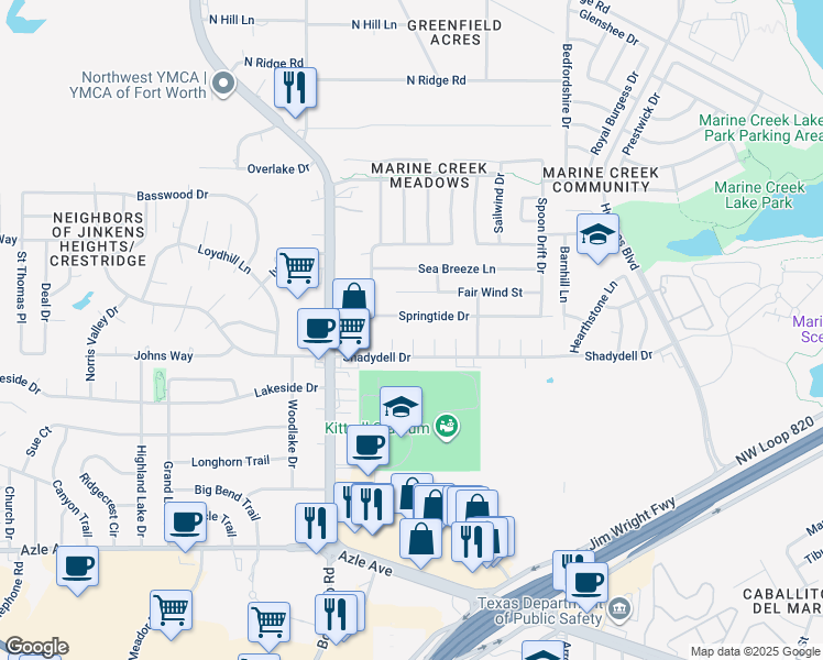 map of restaurants, bars, coffee shops, grocery stores, and more near 4529 Spinnaker Court in Fort Worth