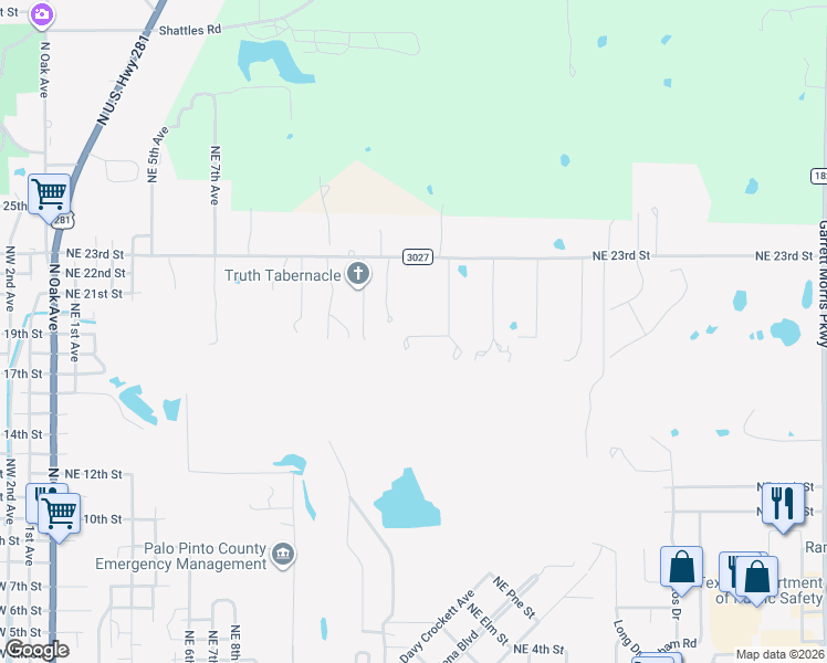 map of restaurants, bars, coffee shops, grocery stores, and more near 5 Buckskin Road in Mineral Wells