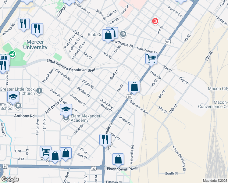 map of restaurants, bars, coffee shops, grocery stores, and more near 522 Edgewood Avenue in Macon