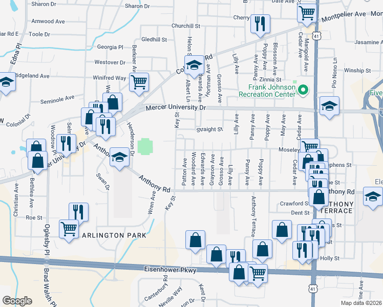 map of restaurants, bars, coffee shops, grocery stores, and more near 715 Woodard Avenue in Macon