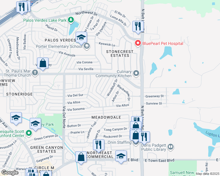 map of restaurants, bars, coffee shops, grocery stores, and more near 4300 Woodbluff Drive in Mesquite