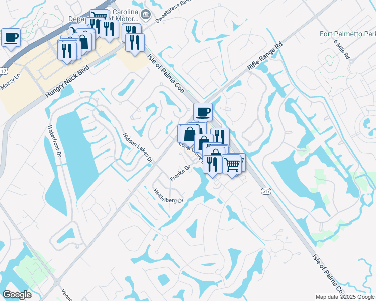 map of restaurants, bars, coffee shops, grocery stores, and more near 1305 Long Grove Drive in Mount Pleasant
