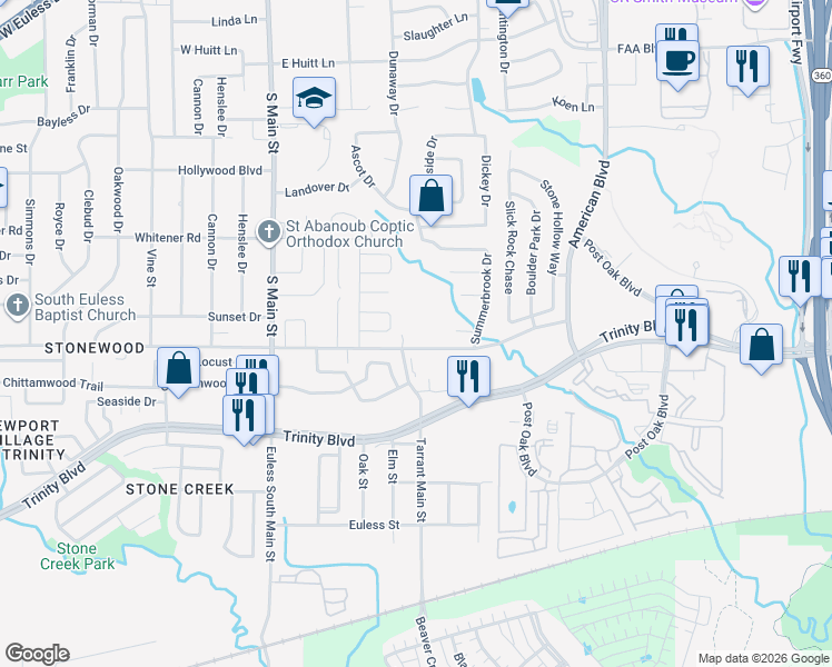 map of restaurants, bars, coffee shops, grocery stores, and more near 403 South Pipeline Road East in Euless