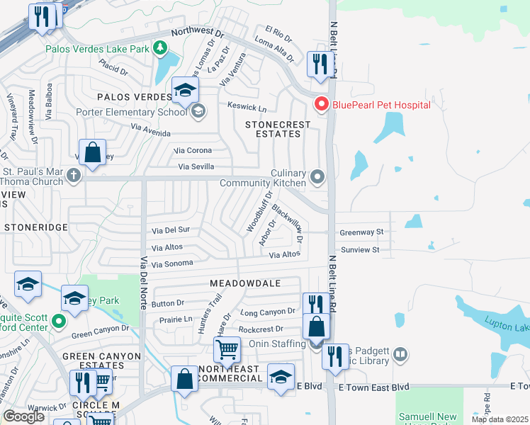 map of restaurants, bars, coffee shops, grocery stores, and more near 4300 Woodbluff Drive in Mesquite