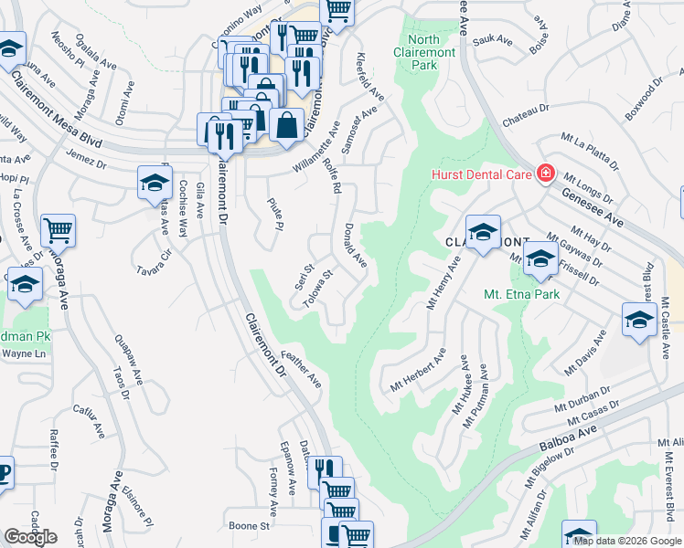 map of restaurants, bars, coffee shops, grocery stores, and more near 4380 Rolfe Road in San Diego