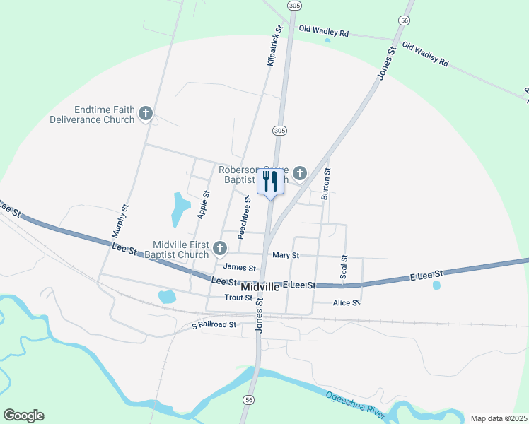 map of restaurants, bars, coffee shops, grocery stores, and more near 151 Georgia 305 in Midville