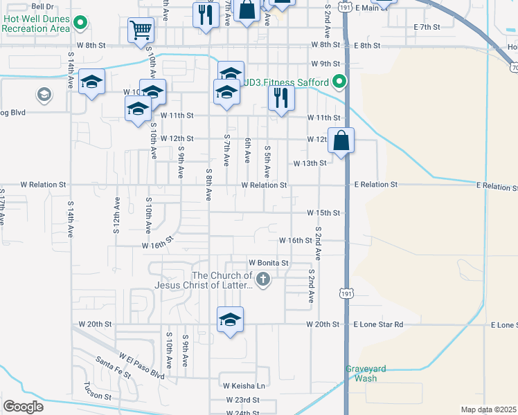 map of restaurants, bars, coffee shops, grocery stores, and more near 1420 South 5th Avenue in Safford