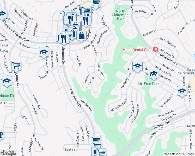 map of restaurants, bars, coffee shops, grocery stores, and more near 4273 Tolowa Street in San Diego