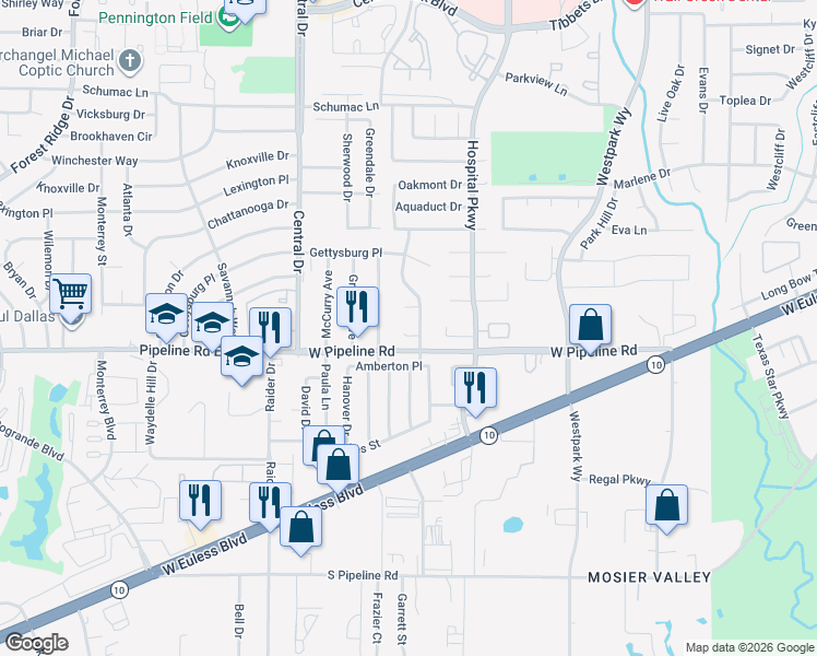 map of restaurants, bars, coffee shops, grocery stores, and more near 2308 Windsor Court in Bedford