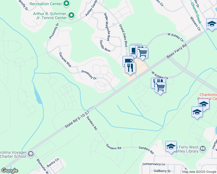 map of restaurants, bars, coffee shops, grocery stores, and more near 2021 Proximity Drive in Charleston