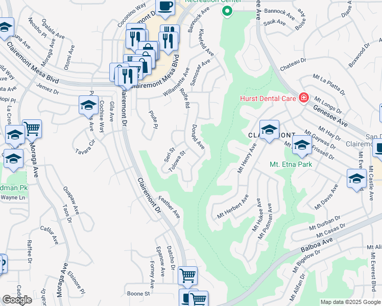map of restaurants, bars, coffee shops, grocery stores, and more near 4380 Rolfe Road in San Diego
