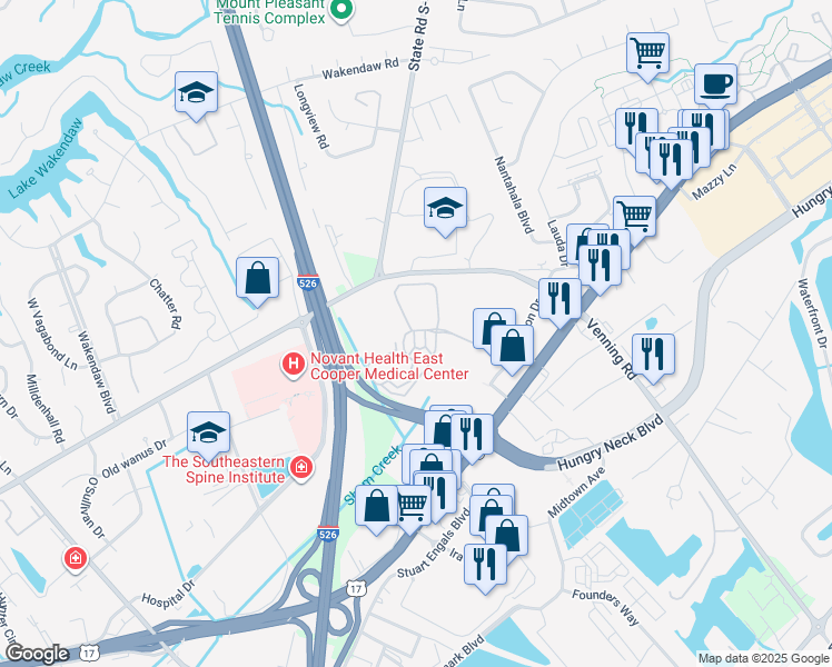 map of restaurants, bars, coffee shops, grocery stores, and more near 1915 Chatelain Way in Mount Pleasant