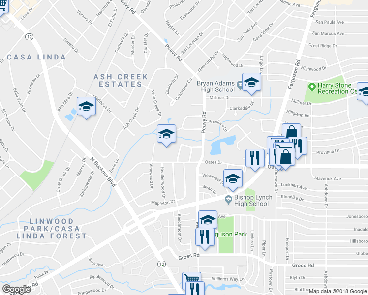 map of restaurants, bars, coffee shops, grocery stores, and more near 2520 Beechmont Drive in Dallas