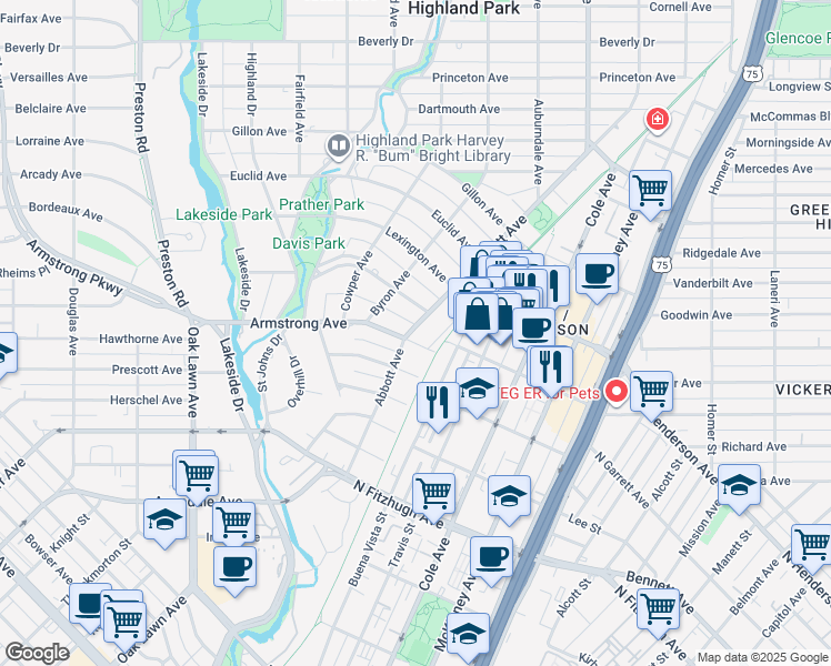 map of restaurants, bars, coffee shops, grocery stores, and more near 4502 Abbott Avenue in Dallas