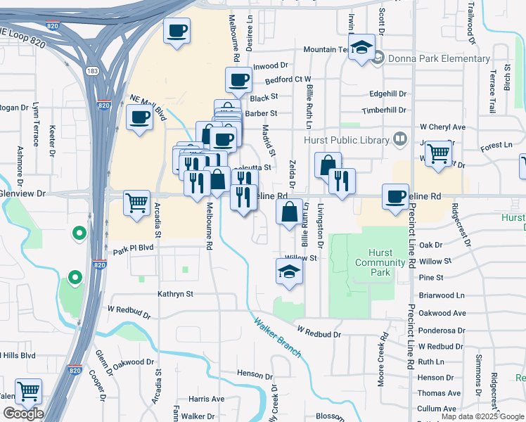 map of restaurants, bars, coffee shops, grocery stores, and more near 764 Castle Drive in Hurst
