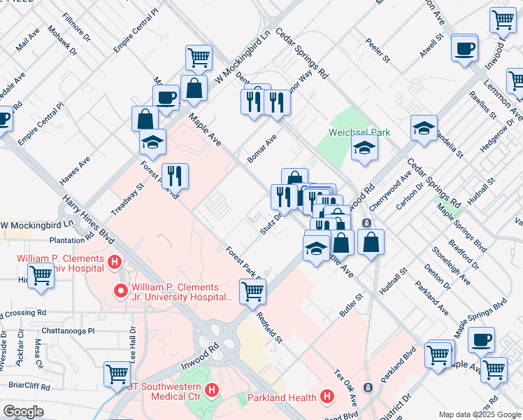 map of restaurants, bars, coffee shops, grocery stores, and more near 5919 Maple Avenue in Dallas