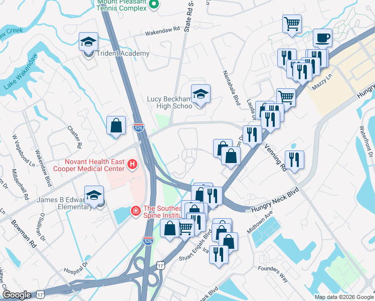 map of restaurants, bars, coffee shops, grocery stores, and more near 1023 Rosewood Lane in Mount Pleasant