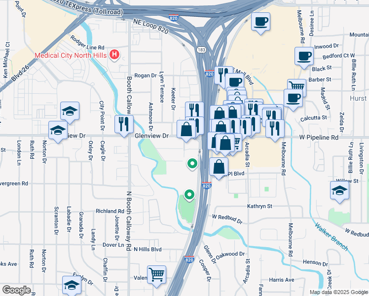 map of restaurants, bars, coffee shops, grocery stores, and more near 107 Jordan Drive in Richland Hills